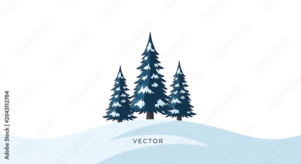 Obraz premium Three snow-covered evergreen trees stand tall on a gentle snowy hill under a white sky.