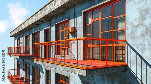 Modern office building with orange railings under faded sky