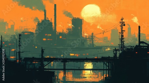Industrial smokestacks releasing fumes into the hazy orange sky with a bright sun