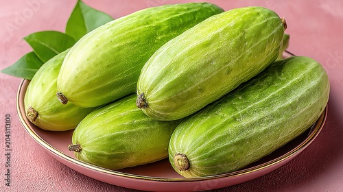 Top down flat lay of five green cucumbers on pink plate with gold rim, solid pink background, plate off center right. 