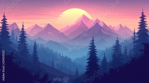 Majestic mountain range bathed in the warm glow of a vibrant sunrise and sunset, creating stunning colorful silhouettes.