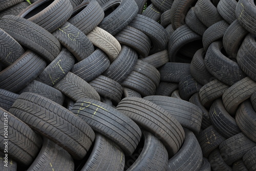 Quadro em tela Close up of stacked used tires