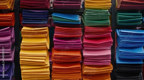 Neatly Arranged Stacks of Colorful Promotional Materials with Sharp Text and Bright Colors Displayed