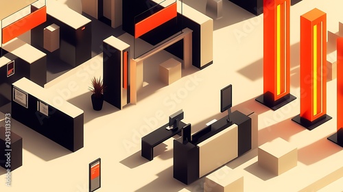 Isometric view of a minimalist cityscape with modern architecture
