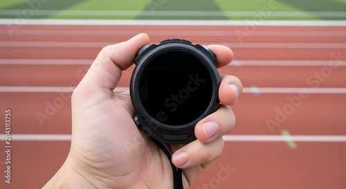 Hand holding a digital stopwatch on a red athletic running track field