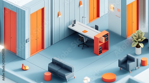 Isometric Modular Office Interior with Desks and Furniture