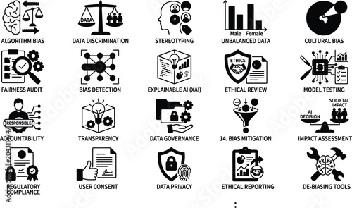 Foto Black line vector icon set for responsible AI toolkit featuring algorithm bias d