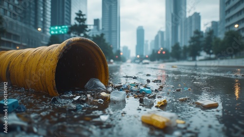Urban pollution and discarded plastic waste accumulating near a city street drain after flooding