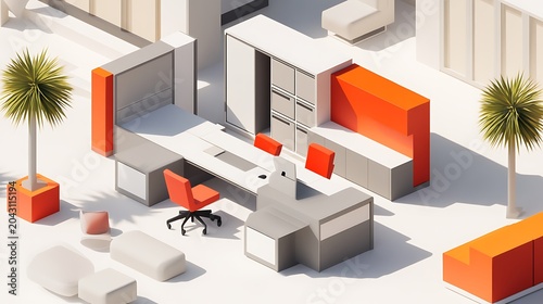Isometric Modular Office Space Interior with Orange Accents