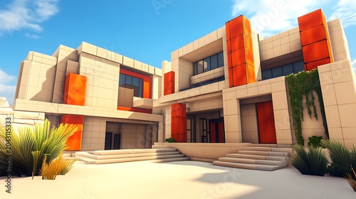 Modern Desert Architecture with Warm Sandy Tones and Minimalist Design Under Bright Sunlight