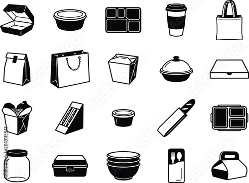 Foto Assortment of food containers and packaging for take away, delivery and storage, on checkered background