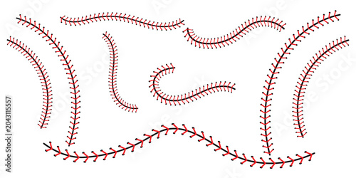 Baseball stitch seams collection. Baseball stitching patterns arranged in various shapes. Vector illustration.