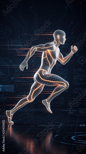 Digital wireframe of a human figure running, illustrating speed and technology with glowing circuits and dynamic motion effects on a dark futuristic background.
