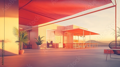 Modern modular office interior with warm sunlight and minimalist design in contemporary workspace