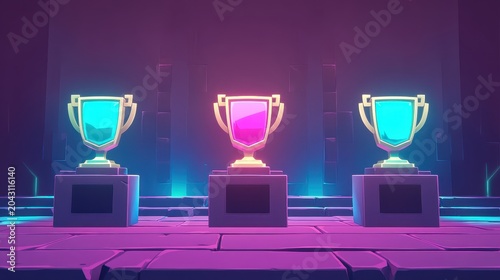Three glowing esports trophies displayed on pedestals in a vibrant, dimly lit arena