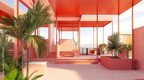 Modern minimalist modular office interior with warm natural lighting and lush greenery