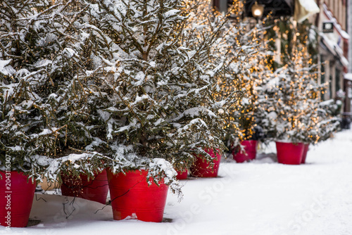 Holiday garlands and lights on a Christmas tree. Close-up. Beautiful Christmas background. Concept of decorations and decor for the New Year 2027