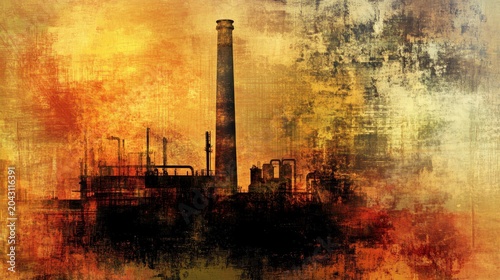Towering smokestack in a dramatic industrial haze under a warm, textured sky