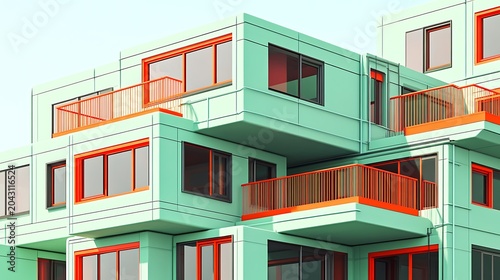 Colorful stacked modular office buildings with bright red and green facades in urban setting