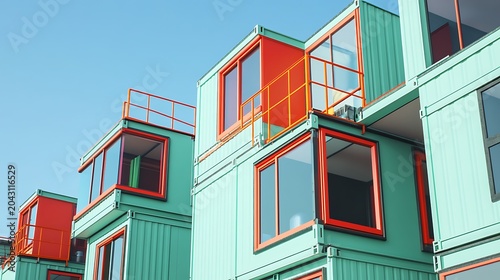 Modern modular stacked office blocks with colorful facades against clear blue sky