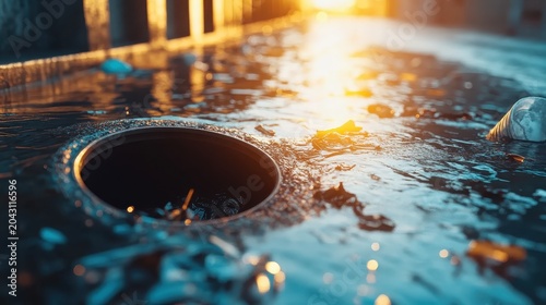 Urban Storm Drain Grate Collects Floating Trash and Debris in Sunlight