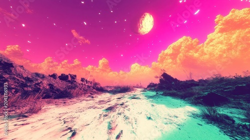 Vibrant alien desert landscape with glowing moon and starry pink sky, showcasing a surreal and otherworldly vista.