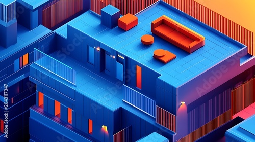 Isometric Modern Office Workspace with Laptop and Coffee on Rooftop Terrace at Dusk