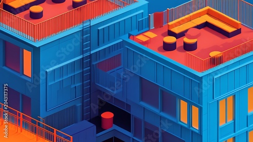 Isometric 3D Render of Modern Modular Office Buildings with Vibrant Blue and Orange Facades at Sunset