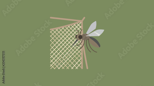 Bild auf Leinwand Flat illustration of a mosquito hovering near a protective window insect screen