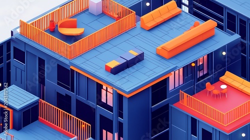 Isometric 3D illustration of modern modular rooftop workspace with colorful furniture and city skyline at dusk
