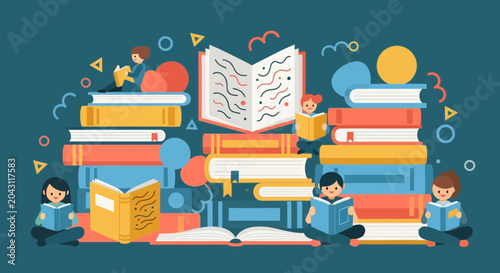 Schilderij op canvas Flat Illustration of Diverse Children Reading Books in Library
