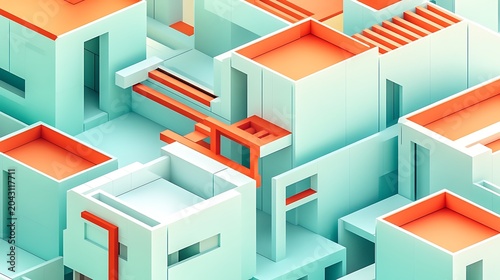 Isometric modular urban architecture with modern rooftop design and geometric buildings in bright daylight