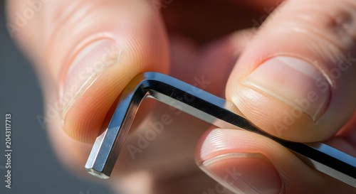 Hand holding a metal hex key tool for furniture assembly close up