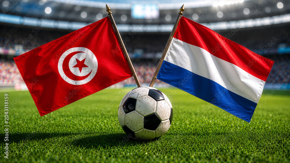 Naklejka premium Tunisia and Netherlands Flags with Soccer Ball on Stadium Field