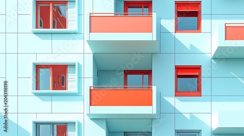 Modern modular architecture with bright red mailboxes in minimalist urban setting