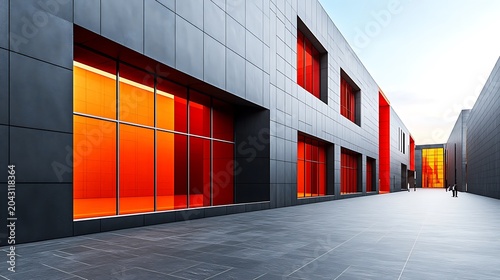 Modern industrial building exterior with red and gray panels at dusk minimalist architecture