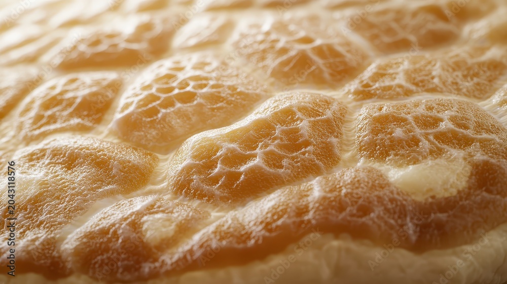 Obraz premium Detailed Close-Up Macro Shot of Golden Brown Bread Crust Texture with Bubbles and Ridges
