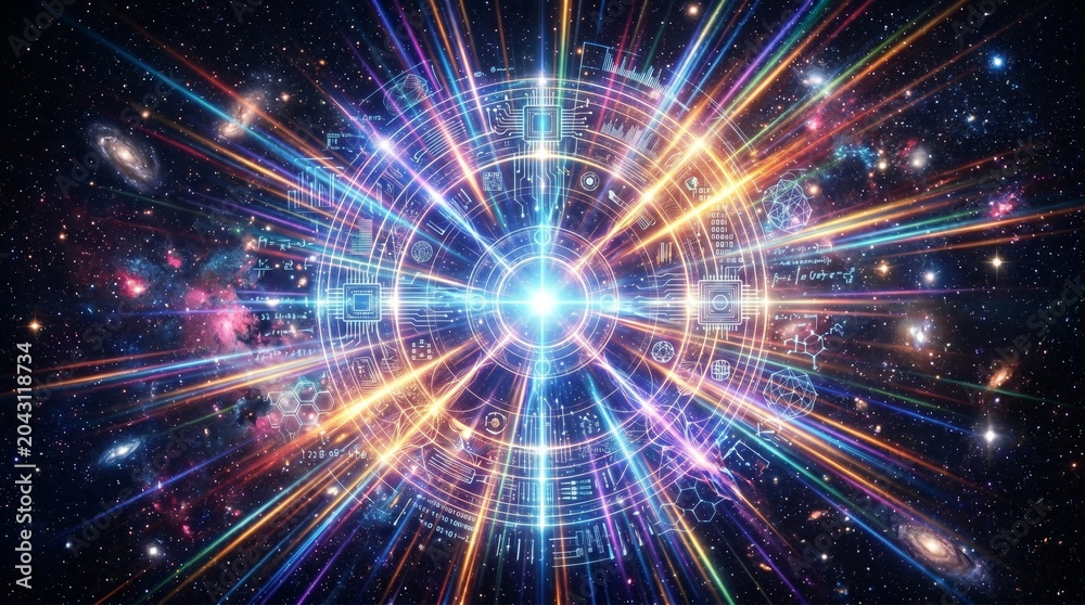 Obraz premium Abstract digital representation of a cosmic singularity and quantum computing
