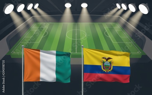 Waving flags of ivory coast and ecuador on flagpoles in a large illuminated sports stadium with bright floodlights and green grass pitch