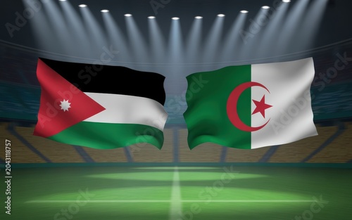 Waving flags of jordan and algeria in a large illuminated sports stadium with bright floodlights and green grass pitch field background