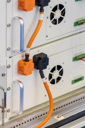Close up of wiring ports for solar storage and charging equipment