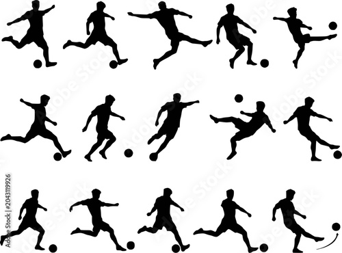 Soccer football player kicking ball action silhouettes vector set isolated