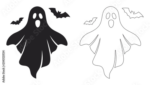 Foto Spooky Halloween Flying Ghost With Bats Silhouette And Line Art Vector Illustrat