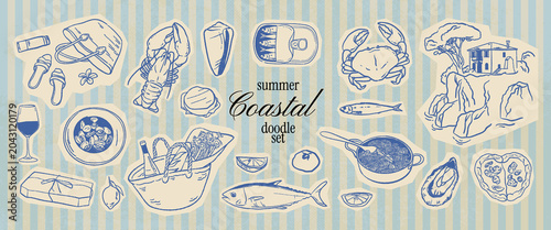 Canvastavla Italian Mediterranean doodle scrapbook set with seafood, pasta, pizza, wine and beach essentials