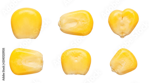 Bild auf Leinwand Vibrant yellow corn kernels photographed from various angles, isolated on a transparent background