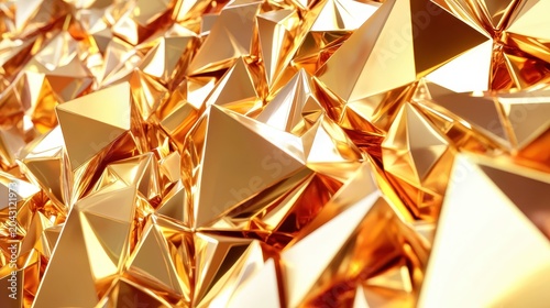 Intricate geometric gold structures with sharp facets and lustrous reflections creating a rich abstract texture