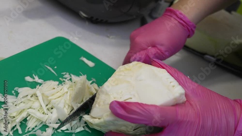 Cabbage Slicing Preparation Chef Hands Wearing Pink Gloves On Green Board