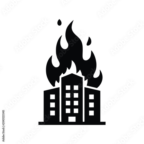 Building on fire, flames engulfing structure, destruction icon