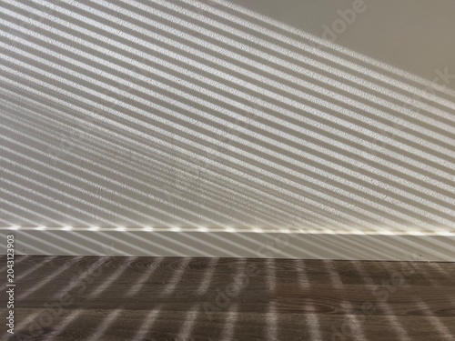 Dramatic parallel shadows from window blinds are cast diagonally across a plain white wall and a dark wooden floor, creating a stark, minimalist pattern of light and dark.