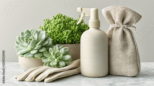 Eco Friendly Cleaning Products Set, eco friendly cleaning products set featuring reusable fabric bag, natural cleaning spray bottle and succulent plants, eco friendly cleaning products set promoting 